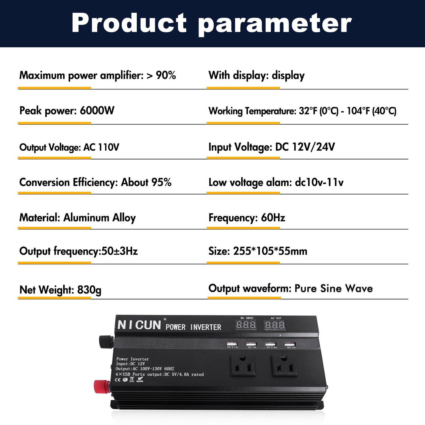 6000W Car Power Inverter DC 12V To 110V AC with Dual Outlets and USB Charger, High-Capacity Power Converter for Vehicles Trucks Camping and Outdoor Use, Solar Converter LCD Display