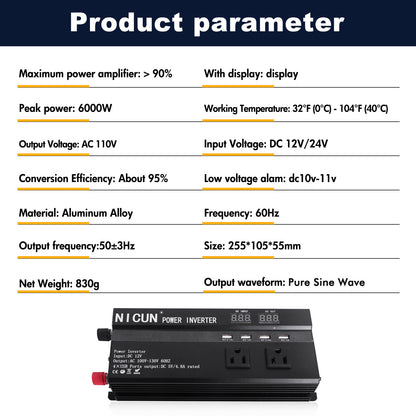 6000W Car Power Inverter DC 12V To 110V AC with Dual Outlets and USB Charger, High-Capacity Power Converter for Vehicles Trucks Camping and Outdoor Use, Solar Converter LCD Display