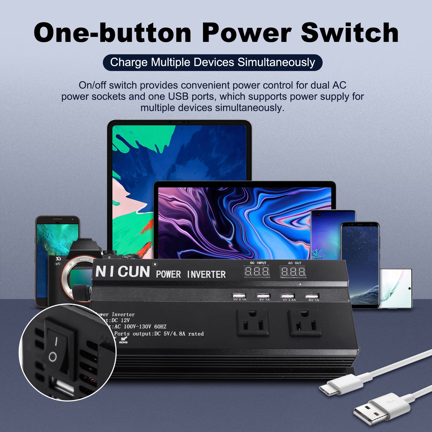 6000W Car Power Inverter DC 12V To 110V AC with Dual Outlets and USB Charger, High-Capacity Power Converter for Vehicles Trucks Camping and Outdoor Use, Solar Converter LCD Display