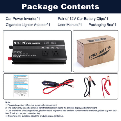 6000W Car Power Inverter DC 12V To 110V AC with Dual Outlets and USB Charger, High-Capacity Power Converter for Vehicles Trucks Camping and Outdoor Use, Solar Converter LCD Display