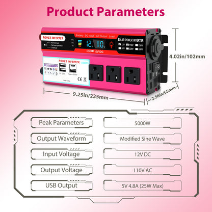 Power Inverter For Car 5000 Watts Surge Power 12V DC to 110V AC Modified Sine Wave, Power Converter for Vehicles and Outdoor Use with 3 USB Ports
