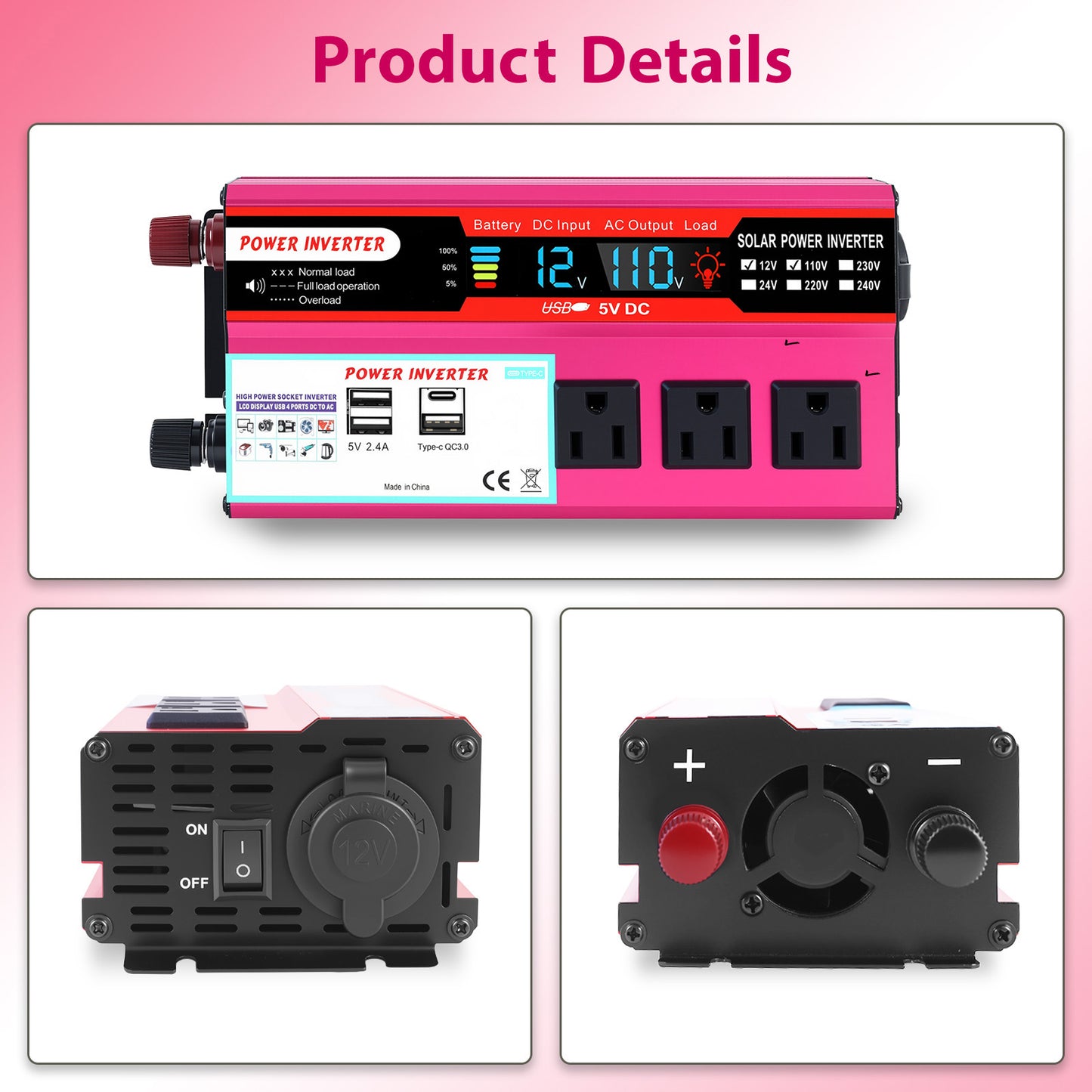 4000W Power Inverter, Sine Wave Inverter DC 12V to AC 120V Car Inverter for RV Truck Car Solar System Travel Camping, 4.2A Fast Charging