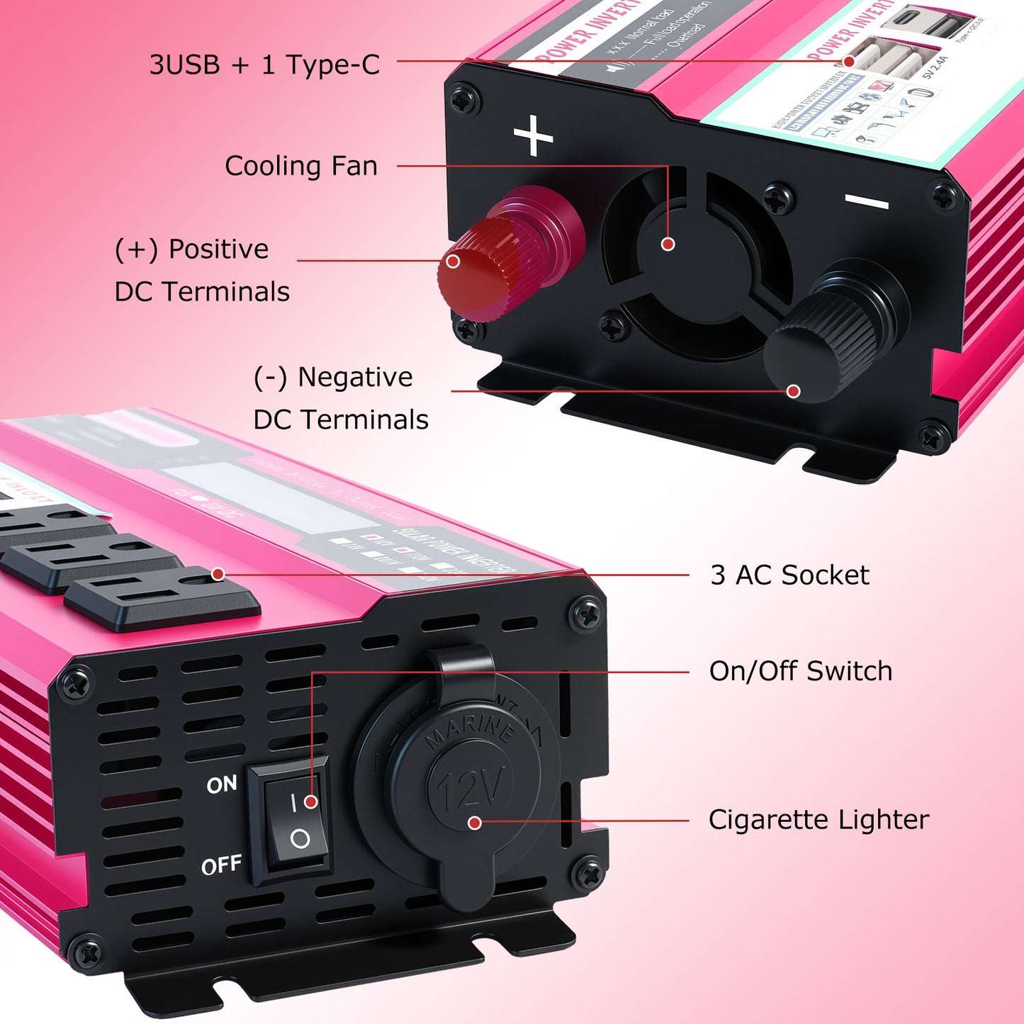 Power Inverter For Car 5000 Watts Surge Power 12V DC to 110V AC Modified Sine Wave, Power Converter for Vehicles and Outdoor Use with 3 USB Ports