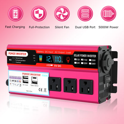 Power Inverter For Car 5000 Watts Surge Power 12V DC to 110V AC Modified Sine Wave, Power Converter for Vehicles and Outdoor Use with 3 USB Ports