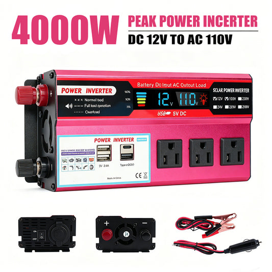 4000W Power Inverter, Sine Wave Inverter DC 12V to AC 120V Car Inverter for RV Truck Car Solar System Travel Camping, 4.2A Fast Charging