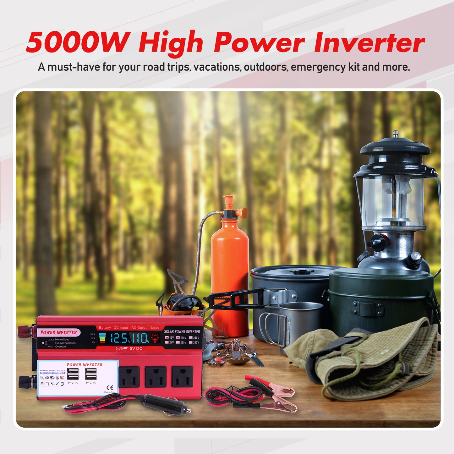 5000W Car Power Inverter DC 12V To 110V AC Pure Sine Wave Converter LCD