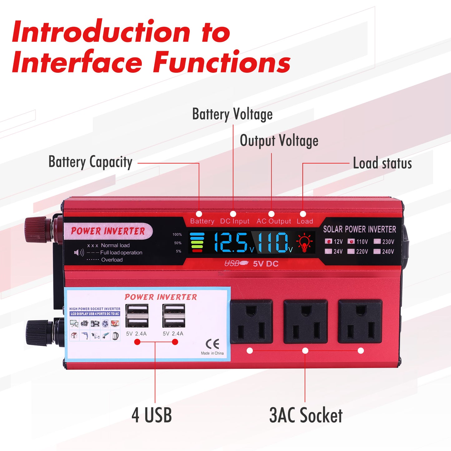 5000W Car Power Inverter DC 12V To 110V AC Pure Sine Wave Converter LCD