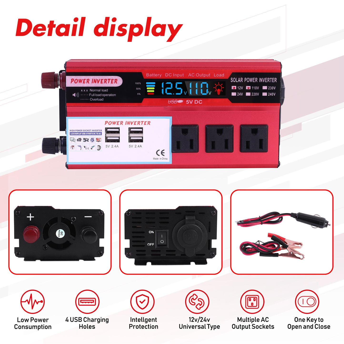 5000W Car Power Inverter DC 12V To 110V AC Pure Sine Wave Converter LCD