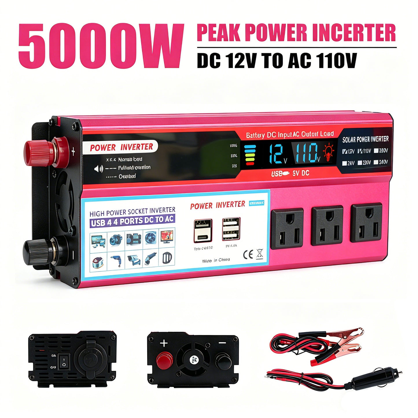 Power Inverter For Car 5000 Watts Surge Power 12V DC to 110V AC Modified Sine Wave, Power Converter for Vehicles and Outdoor Use with 3 USB Ports