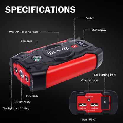 Portable Car Jump Starter 4000A Peak 39800mAH Battery Jump Starter, Up to 8.0L Gas or 6.5L Diesel, 12V Auto Battery Booster with Wireless Charging & LCD Display, 4 LED Modes, Power Bank Charger