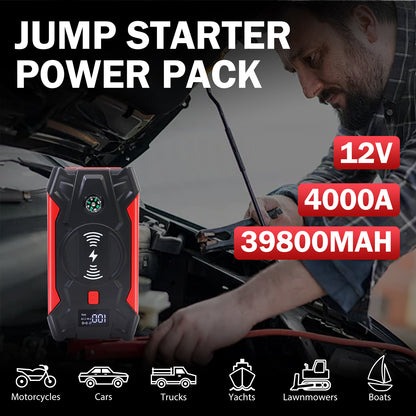 Portable Car Jump Starter 4000A Peak 39800mAH Battery Jump Starter, Up to 8.0L Gas or 6.5L Diesel, 12V Auto Battery Booster with Wireless Charging & LCD Display, 4 LED Modes, Power Bank Charger