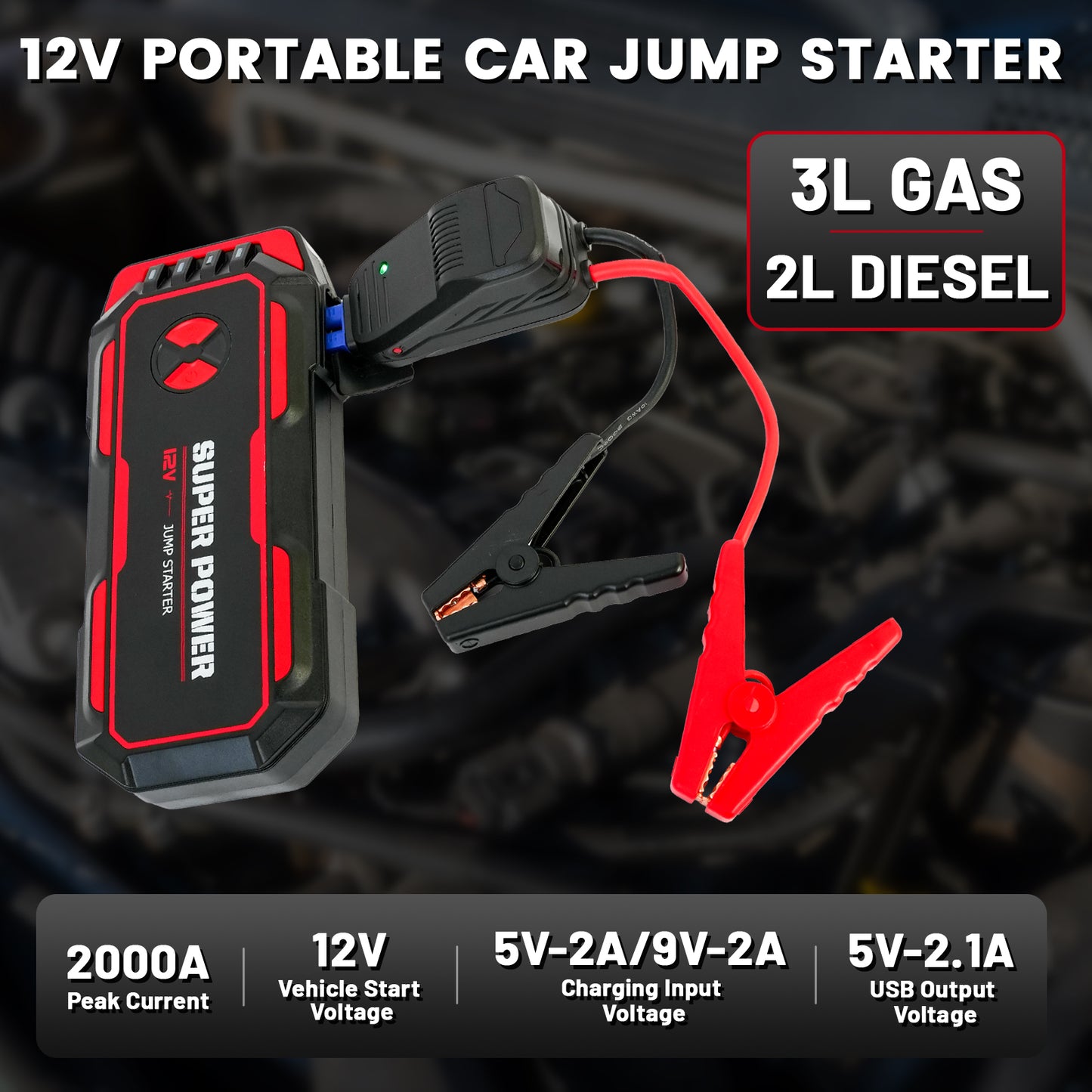 5000A Peak Power Portable Car Jump Starter, Compact Battery Jumper Box with USB Ports, LED Flashlight