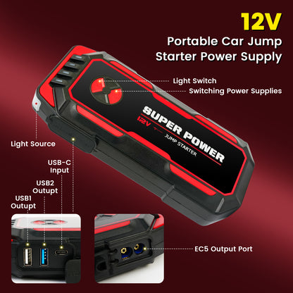 5000A Peak Power Portable Car Jump Starter, Compact Battery Jumper Box with USB Ports, LED Flashlight