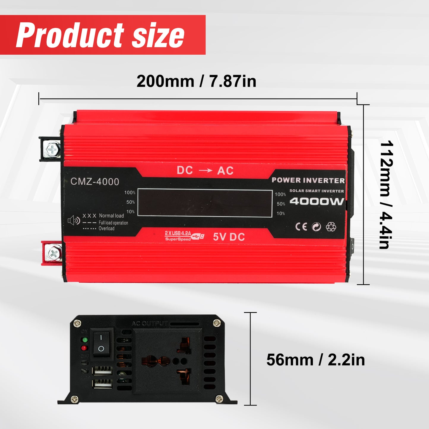 4000W Power Inverter, Pure Sine Wave Inverter DC 12V to AC 120V Car Inverter for RV Truck Car Solar System Travel Camping, 4.2A Fast Charging