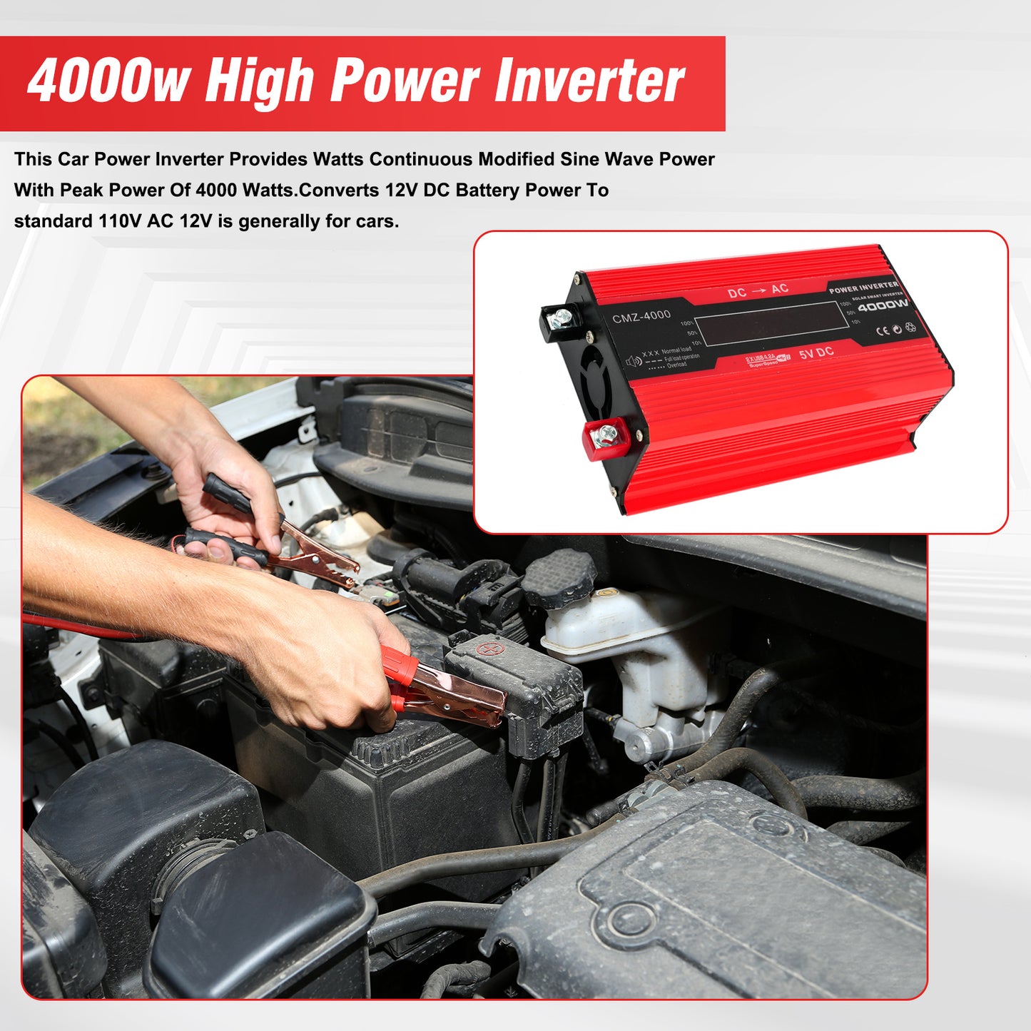 4000W Power Inverter, Pure Sine Wave Inverter DC 12V to AC 120V Car Inverter for RV Truck Car Solar System Travel Camping, 4.2A Fast Charging