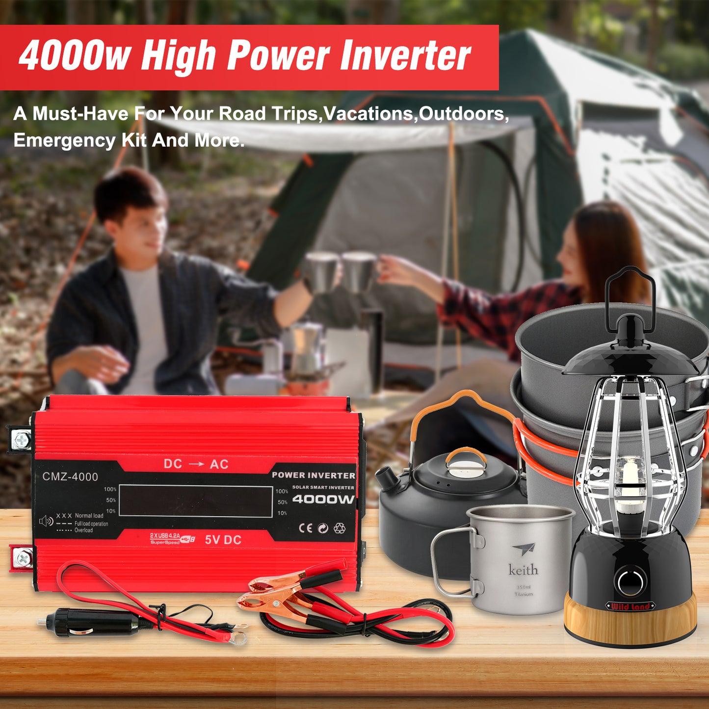 4000W Power Inverter, Pure Sine Wave Inverter DC 12V to AC 120V Car Inverter for RV Truck Car Solar System Travel Camping, 4.2A Fast Charging