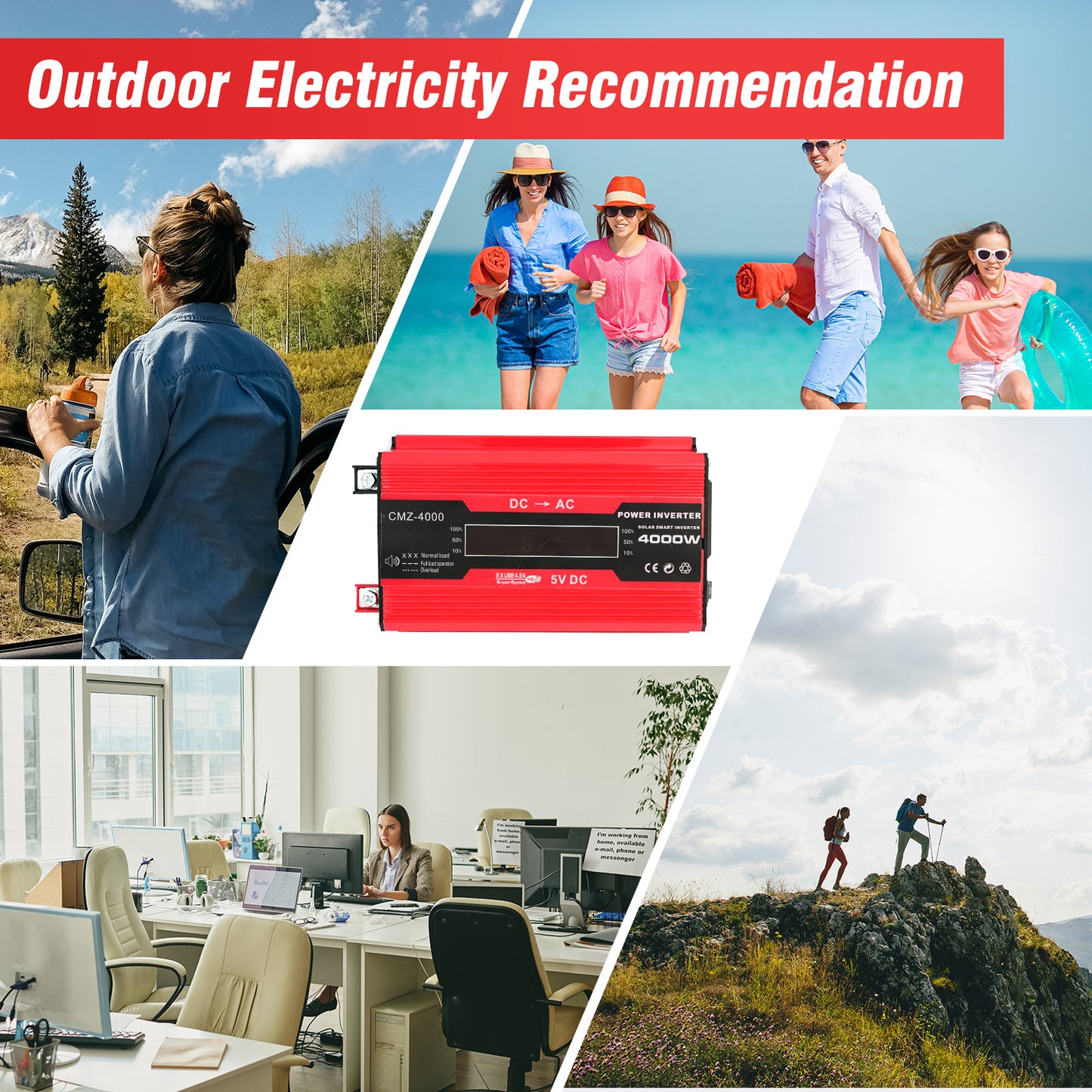 4000W Power Inverter, Pure Sine Wave Inverter DC 12V to AC 120V Car Inverter for RV Truck Car Solar System Travel Camping, 4.2A Fast Charging