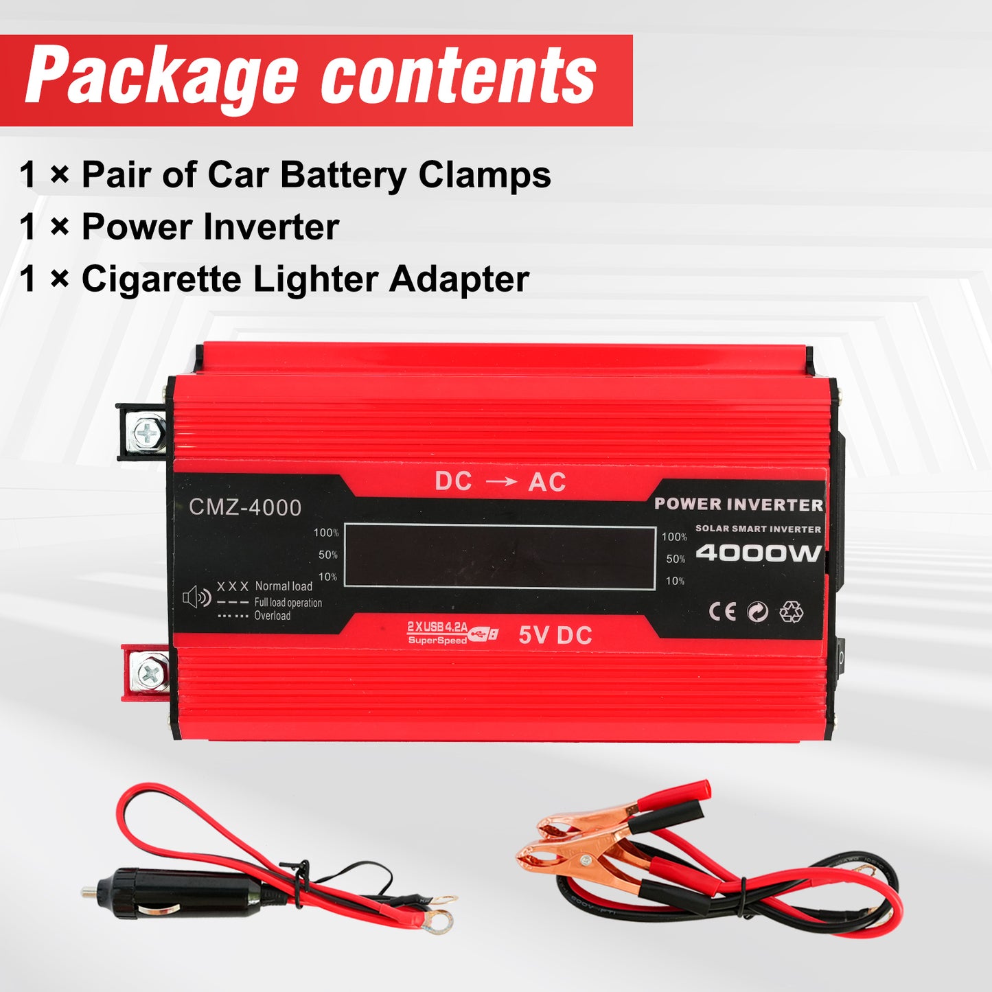 4000W Power Inverter, Pure Sine Wave Inverter DC 12V to AC 120V Car Inverter for RV Truck Car Solar System Travel Camping, 4.2A Fast Charging
