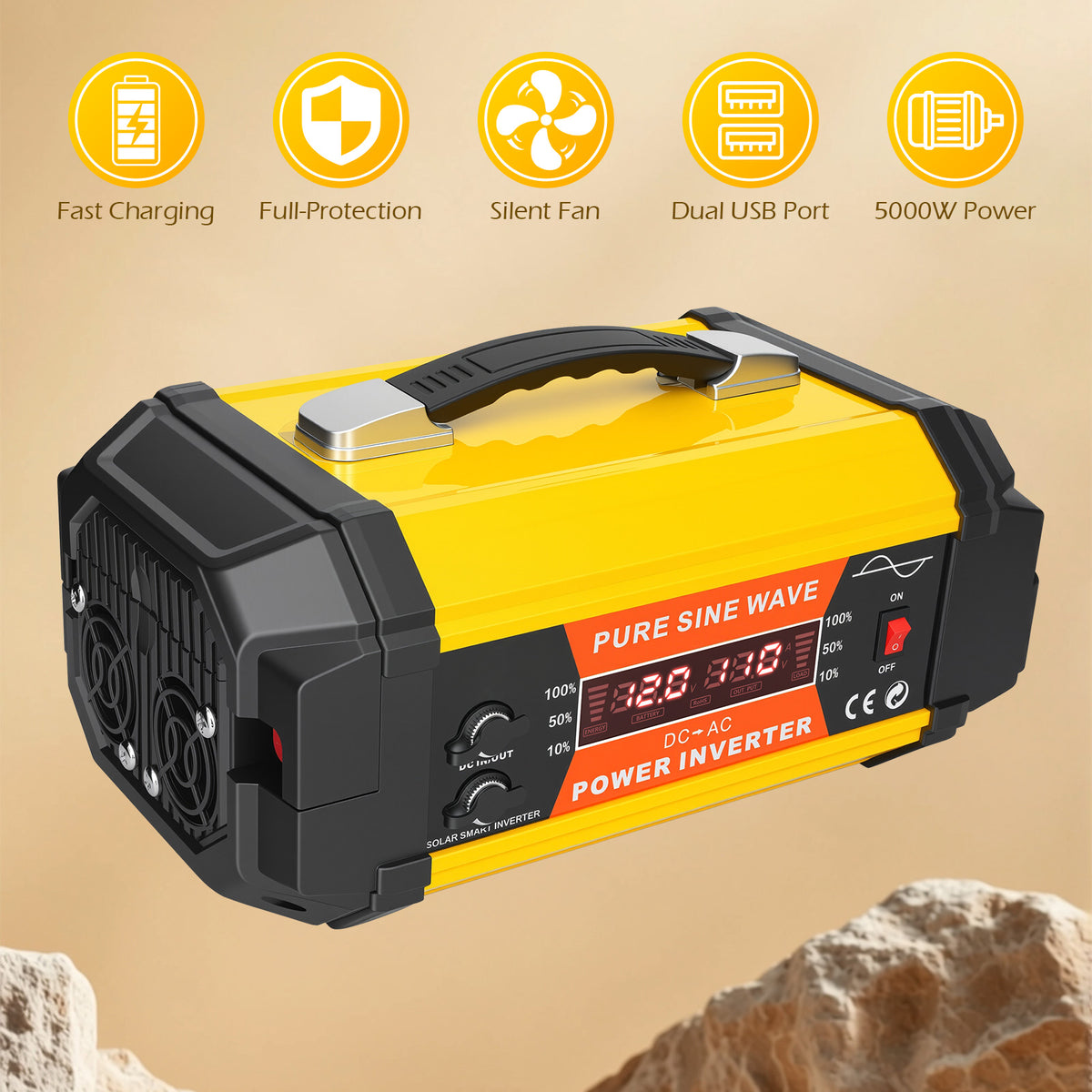 Baokaler 5000W Pure Sine Wave Power Inverter 12V DC to 110V AC Car Inverter, Portable with LCD Display, Multiple AC & USB Charging Ports for Trucks, Vans, RVs & Camping