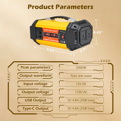 Baokaler 5000W Pure Sine Wave Power Inverter 12V DC to 110V AC Car Inverter, Portable with LCD Display, Multiple AC & USB Charging Ports for Trucks, Vans, RVs & Camping