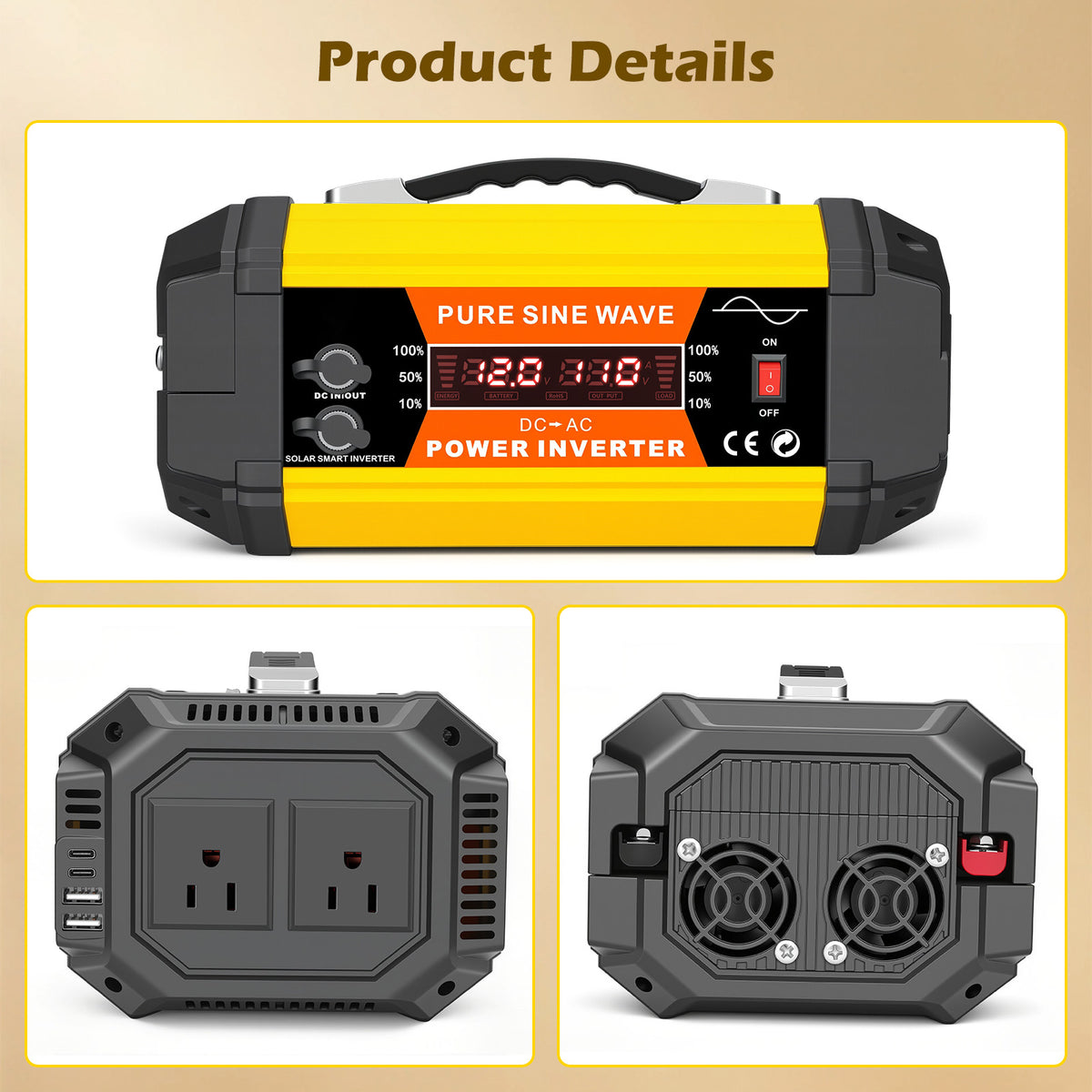 Baokaler 5000W Pure Sine Wave Power Inverter 12V DC to 110V AC Car Inverter, Portable with LCD Display, Multiple AC & USB Charging Ports for Trucks, Vans, RVs & Camping