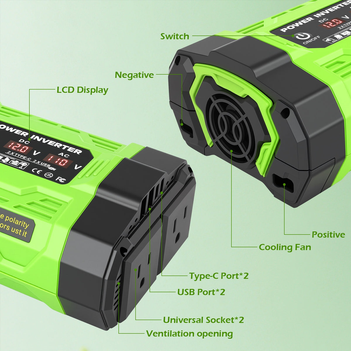 Baokaler 1000W Modified Sine Wave Car Inverter, 12V DC to 110V AC Portable Power Converter, Multi-Function Charging Ports & LCD Screen for RV, Camping, Outdoor and Home Use