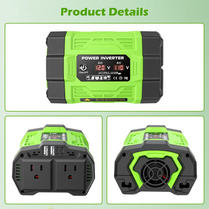 Baokaler 1000W Modified Sine Wave Car Inverter, 12V DC to 110V AC Portable Power Converter, Multi-Function Charging Ports & LCD Screen for RV, Camping, Outdoor and Home Use