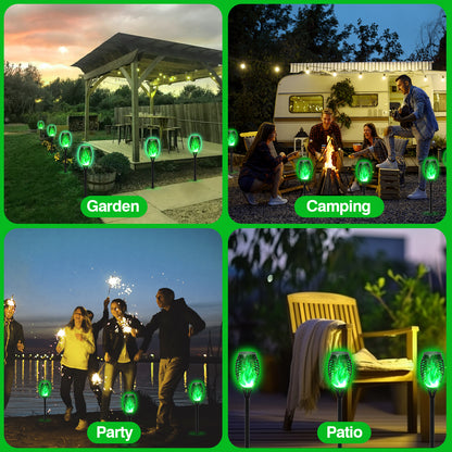 Solar Powered Outdoor Lights, 12PK Flickering Flame Solar Lights Outdoor Pathway, Solar Tiki Torches with Flickering Flame, Solar Garden Light Waterproof for Yard Decor, Landscape, Patio, Green LED