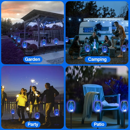 Solar Torch Flame Lights, 12 Pack Blue Solar Torch Light W/Flickering Flame, 12 LED Solar Tiki Torches for Outside Waterproof Landscape Outdoor Lights Garden Yard Patio Lawn Xmas Decorations