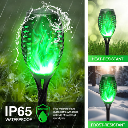 Solar Powered Outdoor Lights, 12PK Flickering Flame Solar Lights Outdoor Pathway, Solar Tiki Torches with Flickering Flame, Solar Garden Light Waterproof for Yard Decor, Landscape, Patio, Green LED