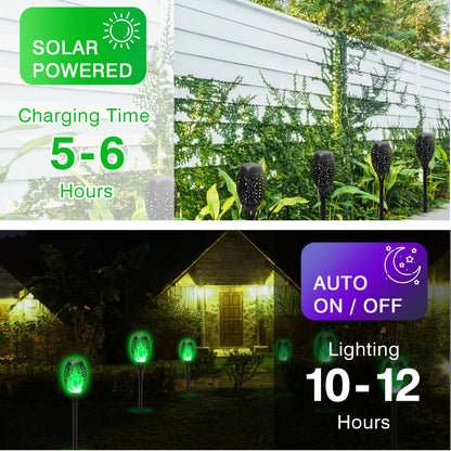 Solar Powered Outdoor Lights, 12PK Flickering Flame Solar Lights Outdoor Pathway, Solar Tiki Torches with Flickering Flame, Solar Garden Light Waterproof for Yard Decor, Landscape, Patio, Green LED