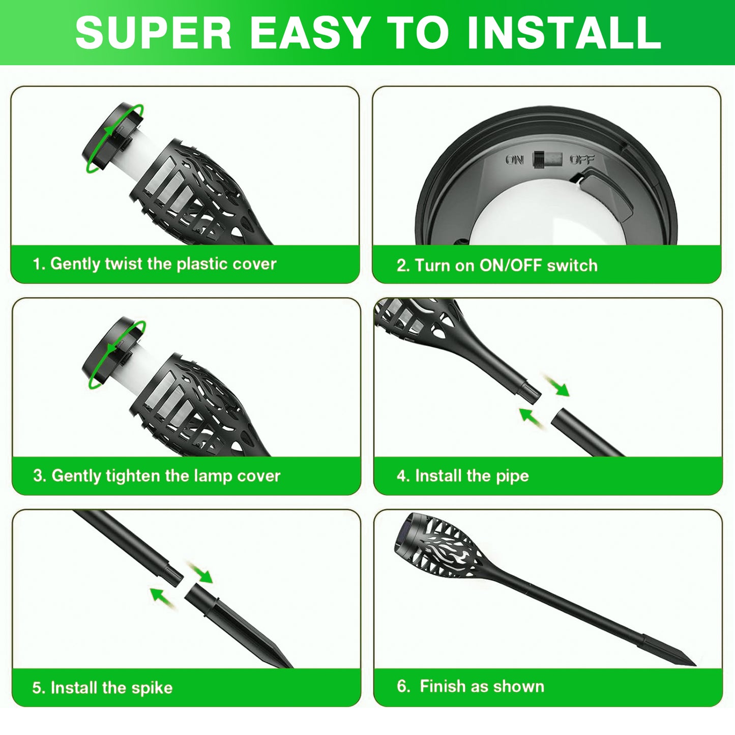 12 Pack Solar Torch Light with Flickering Flame, Outdoor Waterproof Lawn Lights, Solar Powered Pathway Lights for Garden Patio Yard Decoration, Green