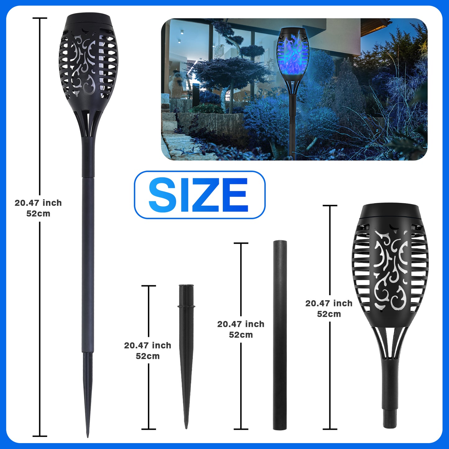 Solar Torch Flame Lights, 12 Pack Blue Solar Torch Light W/Flickering Flame, 12 LED Solar Tiki Torches for Outside Waterproof Landscape Outdoor Lights Garden Yard Patio Lawn Xmas Decorations