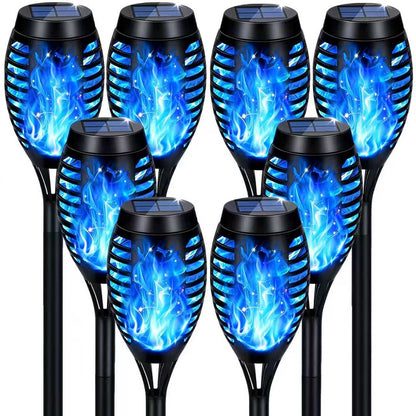 Outdoor Solar Garden Lights, 8 Packs Solar Tiki Torch Lights with Flickering Flame, Blue Lights Waterproof, Hallowee Decor Lights for Garden, Lawn, Patio, Yard Decor