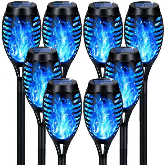 Outdoor Solar Garden Lights, 8 Packs Solar Tiki Torch Lights with Flickering Flame, Blue Lights Waterproof, Hallowee Decor Lights for Garden, Lawn, Patio, Yard Decor