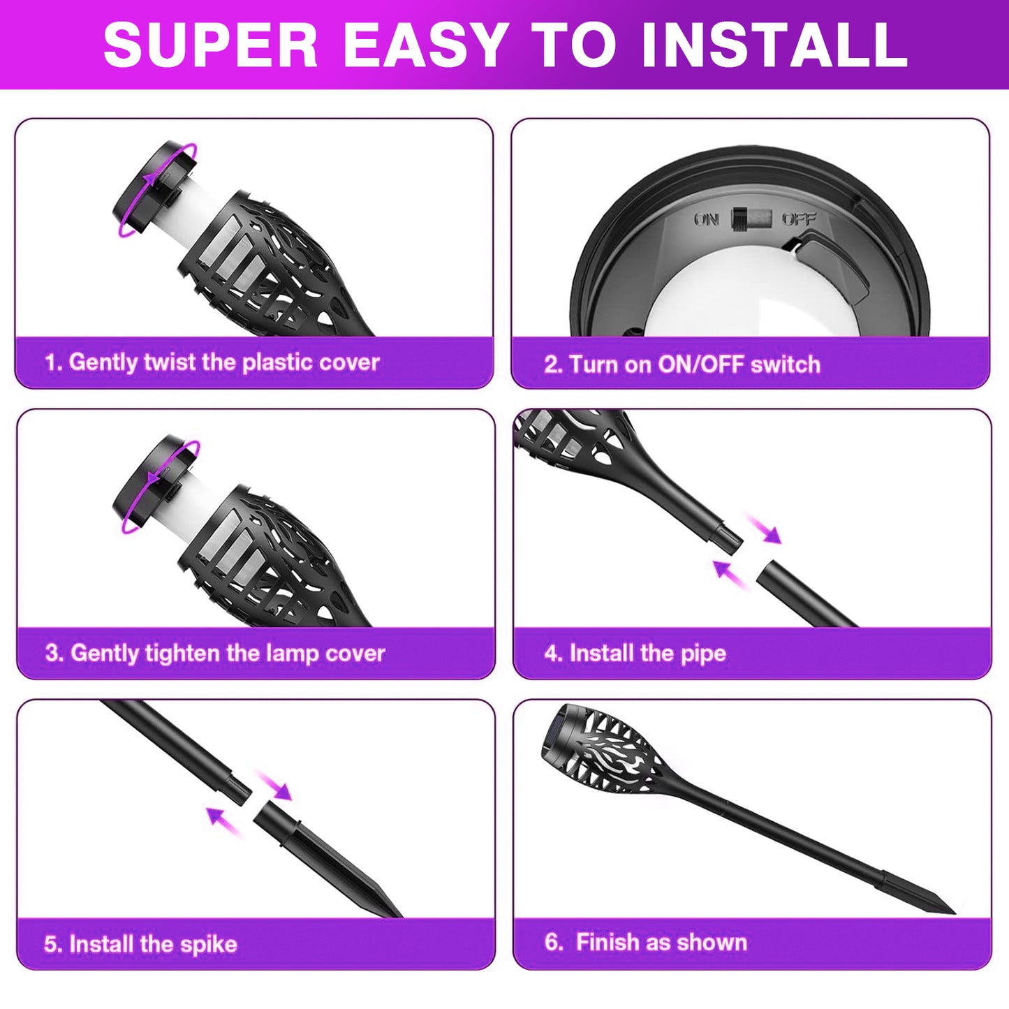 12 Pack Solar Torch Light with Flickering Flame, Outdoor Waterproof Lawn Lights, Solar Powered Pathway Lights for Garden Patio Yard Decoration,Purple