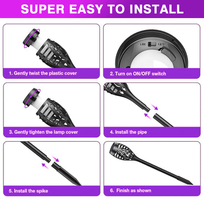 Solar Powered Outdoor Lights, 12PK Flickering Flame Solar Lights Outdoor Pathway, Solar Tiki Torches with Flickering Flame, Solar Garden Light Waterproof for Yard Decor, Landscape, Patio, Purple LED