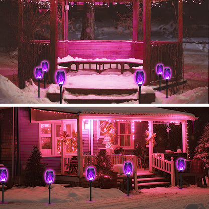 Solar Powered Outdoor Lights, 12PK Flickering Flame Solar Lights Outdoor Pathway, Solar Tiki Torches with Flickering Flame, Solar Garden Light Waterproof for Yard Decor, Landscape, Patio, Purple LED