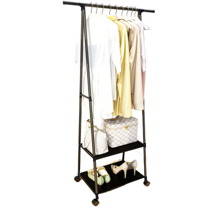Triangle Rolling Garment Rack, Clothes Rack on Wheels w/2-Tier Storage Shelves, Portable Clothing Hanging Coat Rack, Clothes Hanging Rack for Home Office Apartment Black