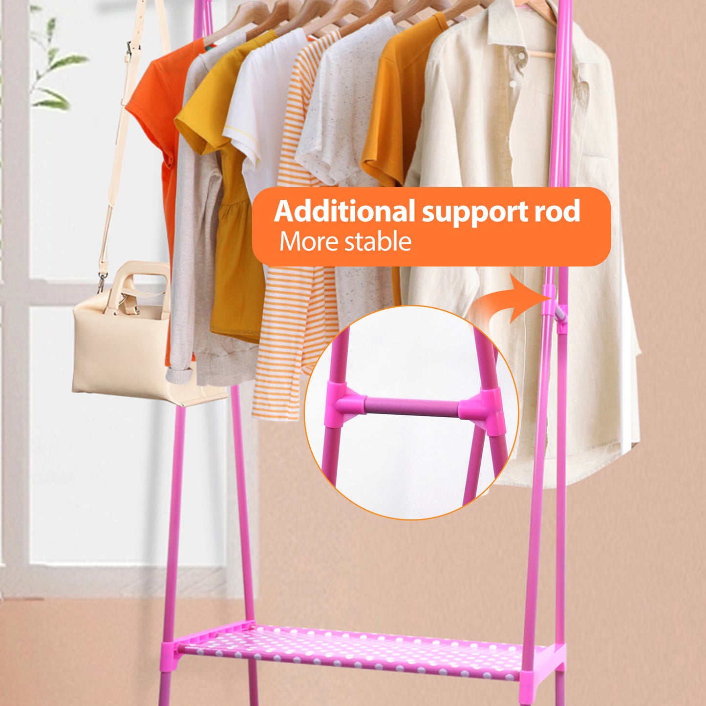 Clothes Rack on Wheels, Rolling Garment Rack with 2-Tier Storage Shelves for Shoes, Clothes, Portable Garment Laundry Rack for Home Office, Pink