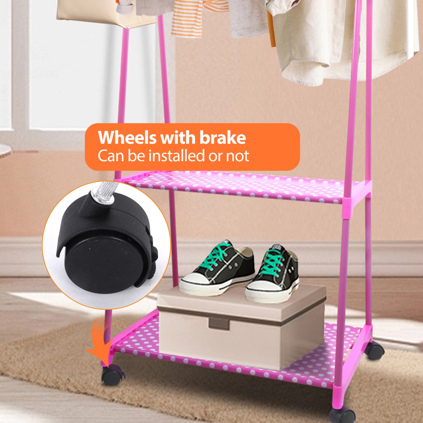 Clothes Rack on Wheels, Rolling Garment Rack with 2-Tier Storage Shelves for Shoes, Clothes, Portable Garment Laundry Rack for Home Office, Pink