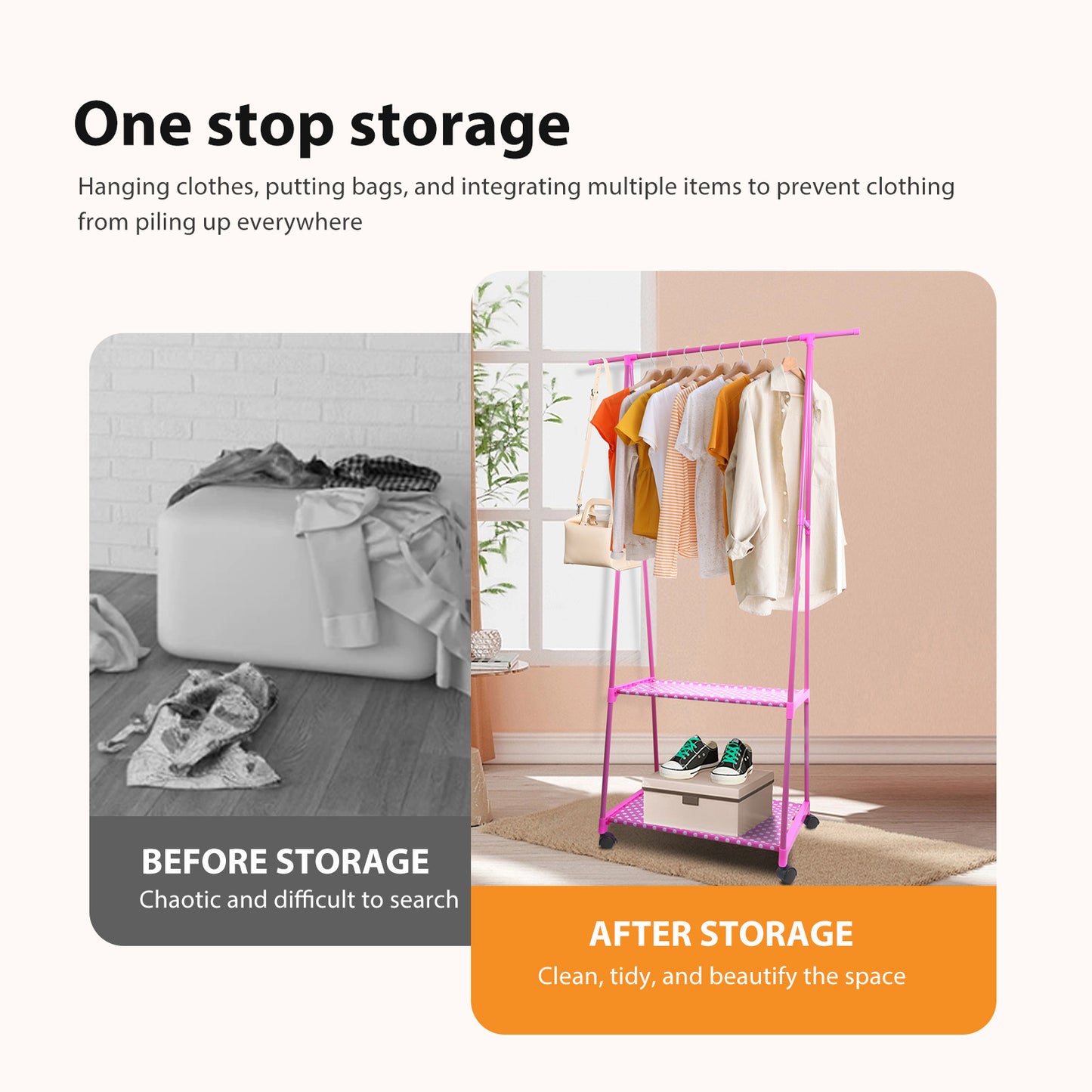 Clothes Rack on Wheels, Rolling Garment Rack with 2-Tier Storage Shelves for Shoes, Clothes, Portable Garment Laundry Rack for Home Office, Pink