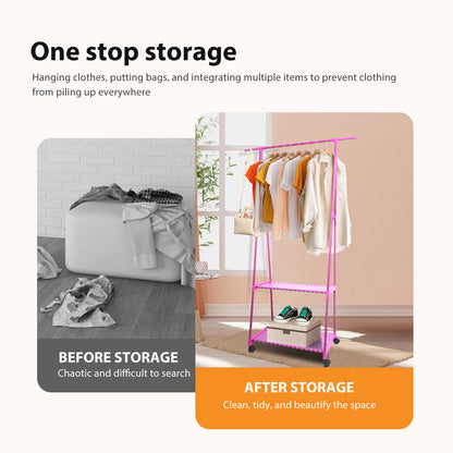 Clothes Rack on Wheels, Rolling Garment Rack with 2-Tier Storage Shelves for Shoes, Clothes, Portable Garment Laundry Rack for Home Office, Pink