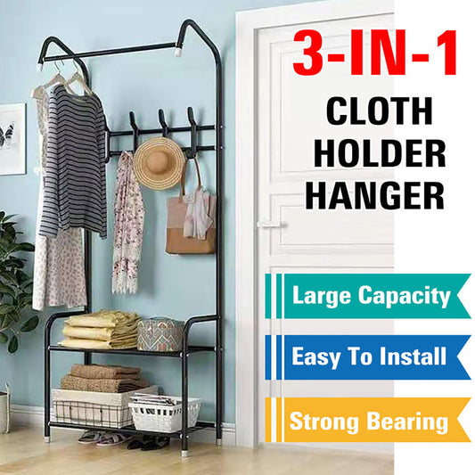 3-in-1 Entryway Shoe and Coat rack, Hall Tree Metal Coat Stand with Bench Coat Hanger, Clothes Stand Shoe rack Bedroom Storage Shelf Organizer, 2 Shelves for Space Saving