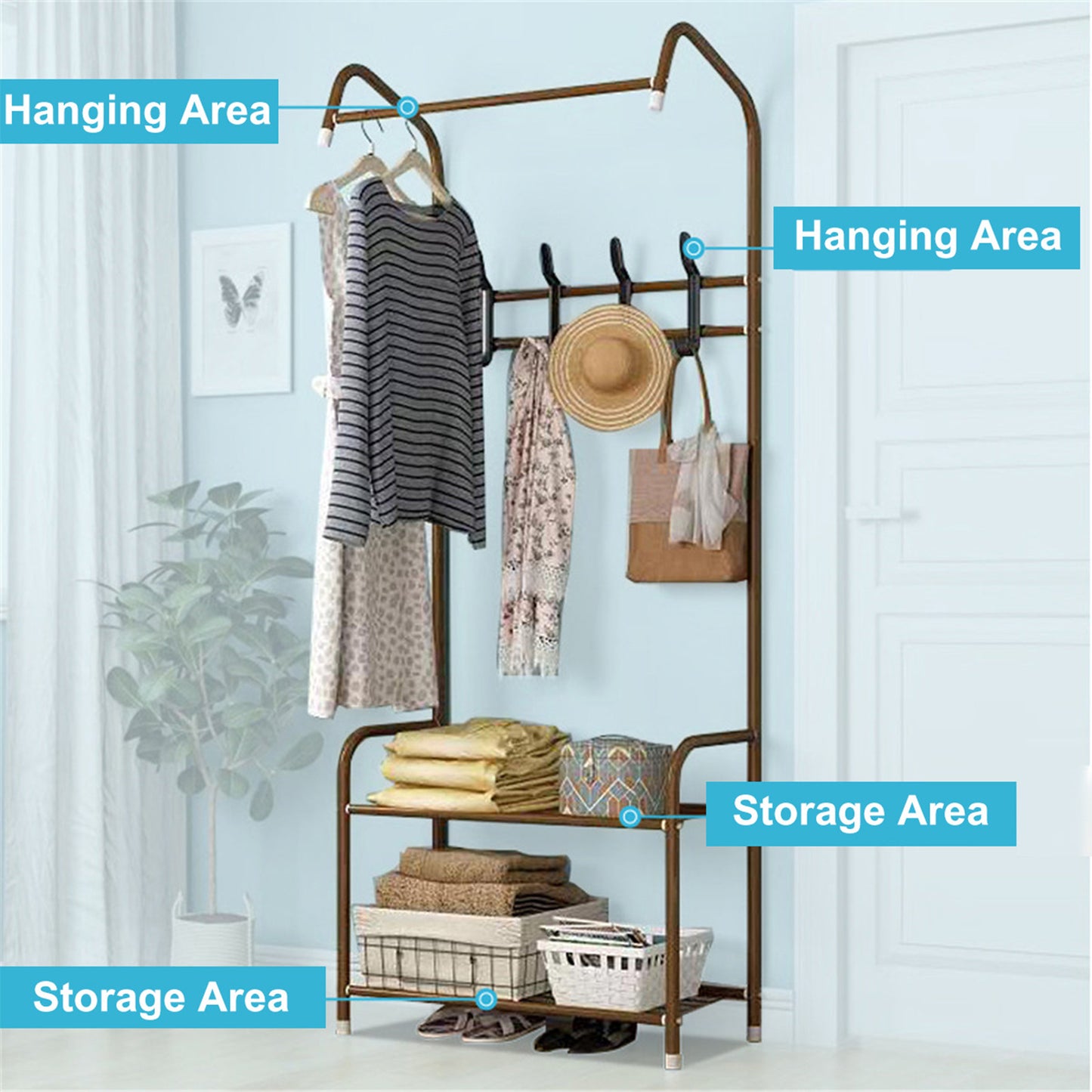 3-in-1 Entryway Shoe and Coat rack, Hall Tree Metal Coat Stand with Bench Coat Hanger, Clothes Stand Shoe rack Bedroom Storage Shelf Organizer, 2 Shelves for Space Saving