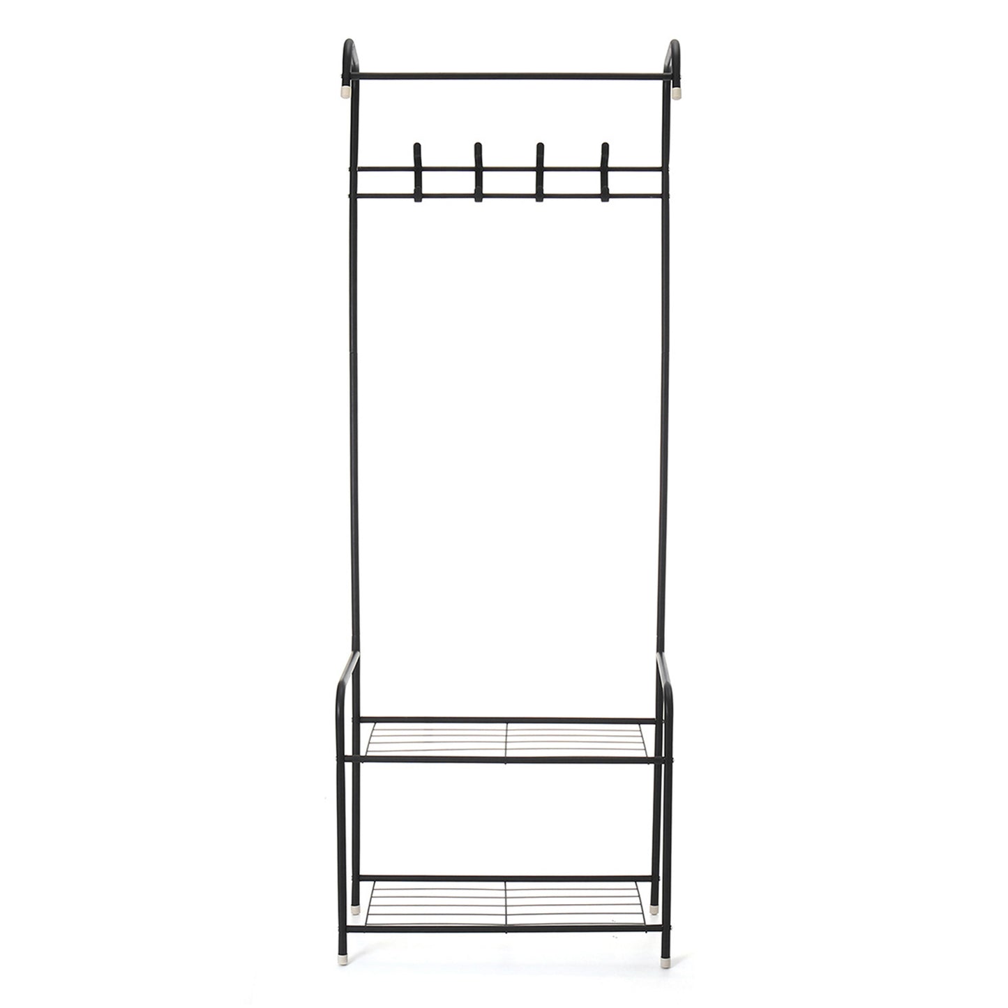 3-in-1 Entryway Shoe and Coat rack, Hall Tree Metal Coat Stand with Bench Coat Hanger, Clothes Stand Shoe rack Bedroom Storage Shelf Organizer, 2 Shelves for Space Saving