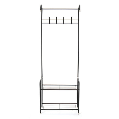 3-in-1 Entryway Shoe and Coat rack, Hall Tree Metal Coat Stand with Bench Coat Hanger, Clothes Stand Shoe rack Bedroom Storage Shelf Organizer, 2 Shelves for Space Saving