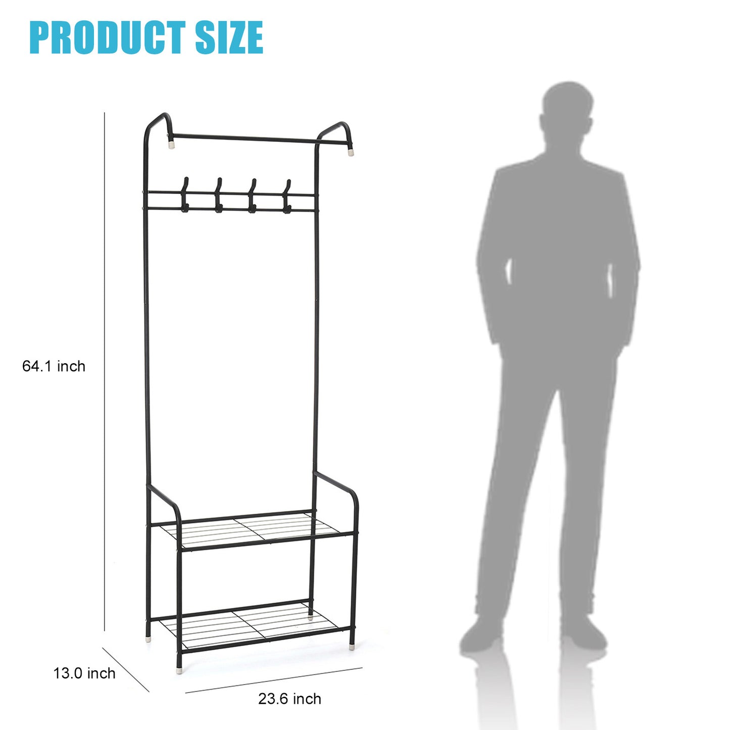 3-in-1 Entryway Shoe and Coat rack, Hall Tree Metal Coat Stand with Bench Coat Hanger, Clothes Stand Shoe rack Bedroom Storage Shelf Organizer, 2 Shelves for Space Saving