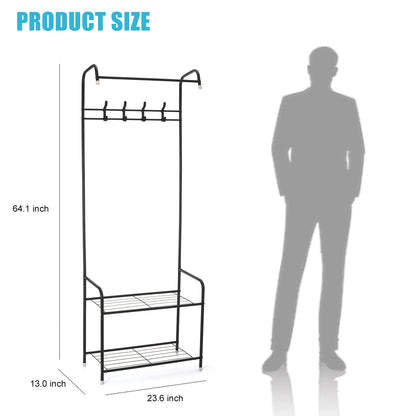 3-in-1 Entryway Shoe and Coat rack, Hall Tree Metal Coat Stand with Bench Coat Hanger, Clothes Stand Shoe rack Bedroom Storage Shelf Organizer, 2 Shelves for Space Saving