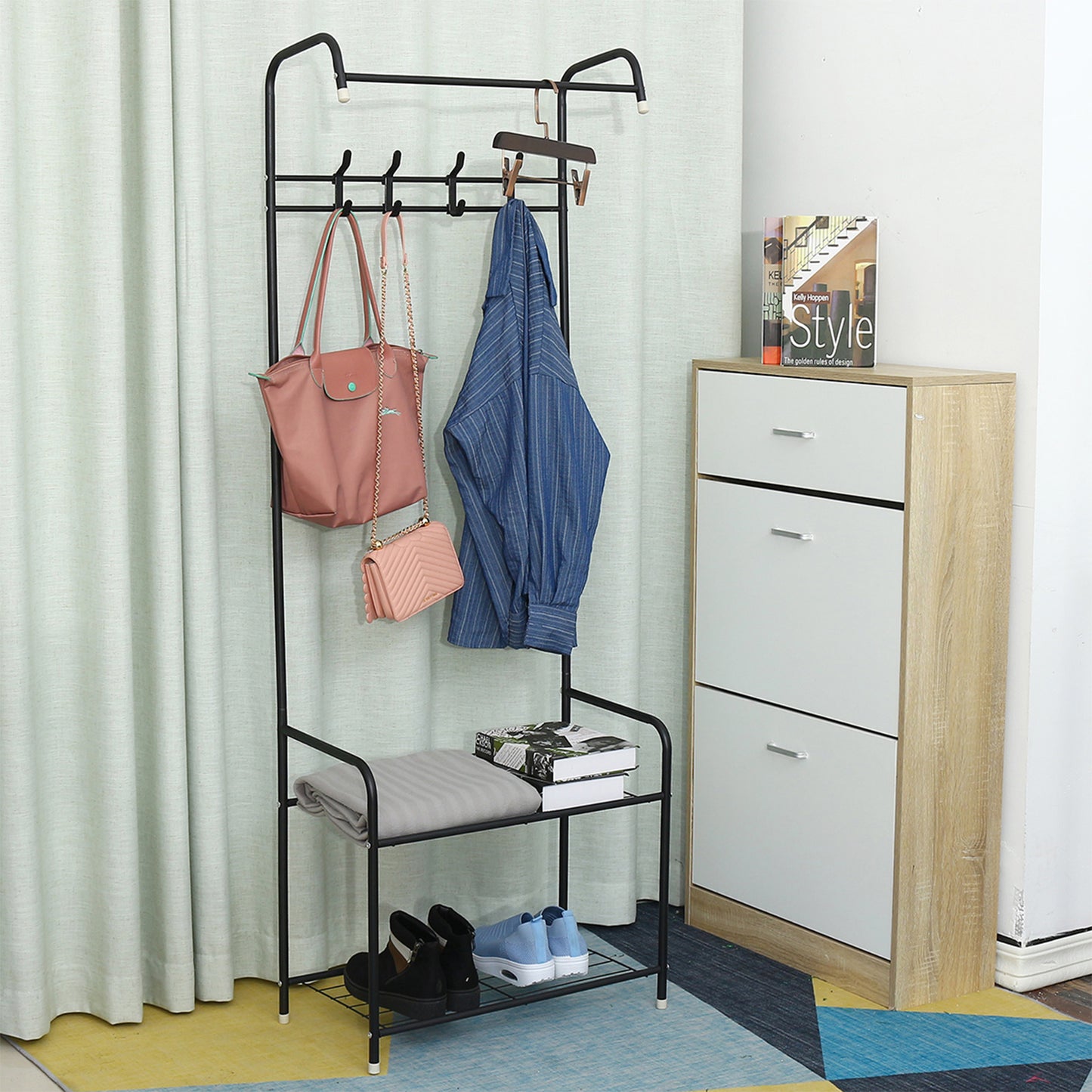 3-in-1 Entryway Shoe and Coat rack, Hall Tree Metal Coat Stand with Bench Coat Hanger, Clothes Stand Shoe rack Bedroom Storage Shelf Organizer, 2 Shelves for Space Saving